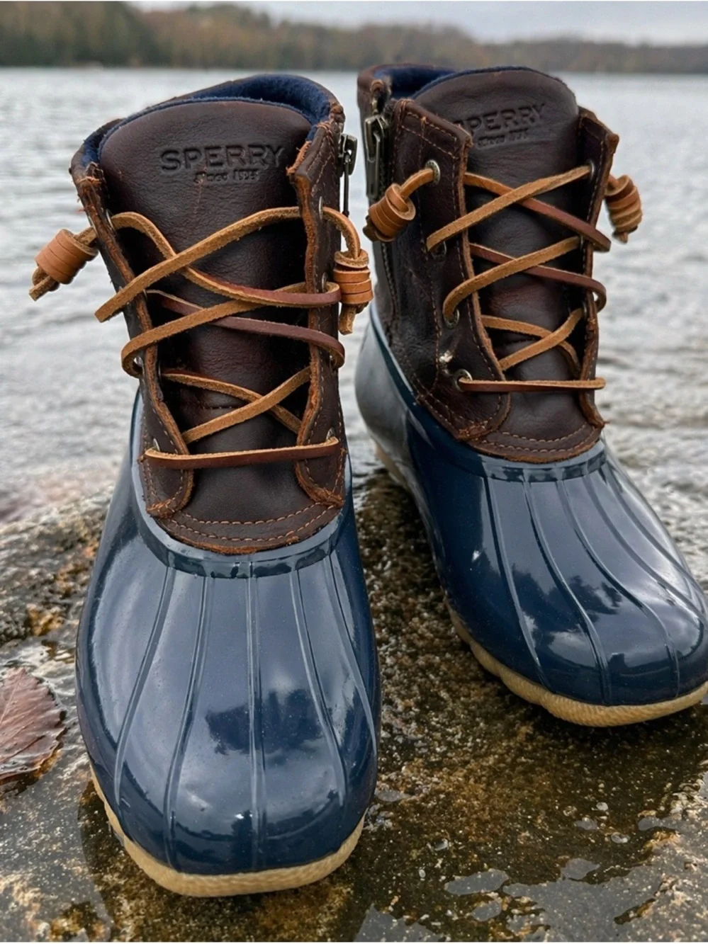 Sperry Saltwater Duck Boots Tan & Navy Leather‎ Waterproof Women’s 6M NEW